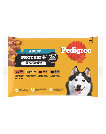 PEDIGREE Adult Protein+ saszetki 4x85 g mokra karma pełnoporcjowa dla dorosłych psów z mieszanką wołowiny i wątróbki, z kurczakiem i wołowiną, z indykiem i kurczakiem, z kaczką i kurczakiem w galaretce