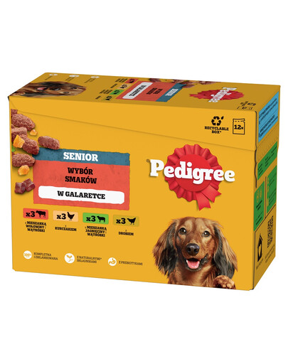 PEDIGREE Senior Wybór Smaków saszetki 12x100 g mokra karma pełnoporcjowa dla dorosłych psów z mieszanką wołowiny i wątróbki, z kurczakiem, z mieszanką jagnięciny i wątróbki, z drobiem w galaretce