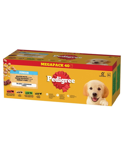 PEDIGREE Junior Wybór Smaków z ryżem saszetki 40x100 g mokra karma pełnoporcjowa dla szczeniąt kawałki z mieszanką wołowiny i wątróbki i ryżem, z kurczakiem i ryżem, z mieszanką jagnięciny i wątróbki i ryżem, z drobiem i ryżem w galaretce
