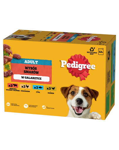 PEDIGREE Adult Wybór Smaków saszetki 12x100 g mokra karma pełnoporcjowa dla dorosłych psów z mieszanką wołowiny i wątróbki, z kurczakiem, z rybą, z drobiem w galaretce