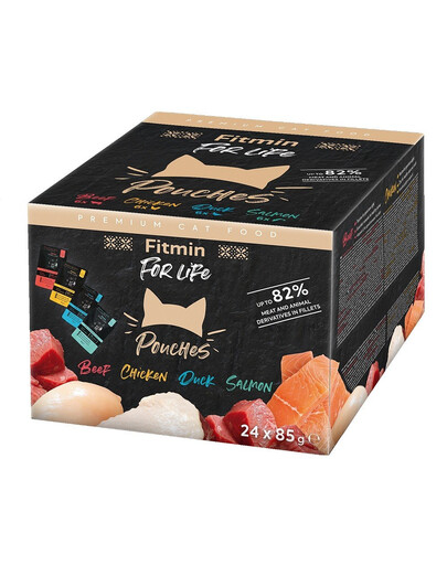 FITMIN For Life Cat Pouch Multipack 24x85g mit Rindfleisch, Ente, Huhn und Lachs in Sauce