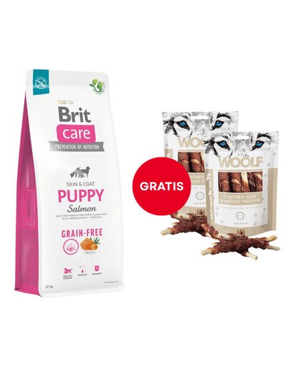 BRIT Care Grain-free Puppy Trockenfutter mit Lachs 12 kg + WOOLF Chicken And Rawhide Twister 2 x 100g Trockenhaut umhüllt mit Hähnchen GRATIS