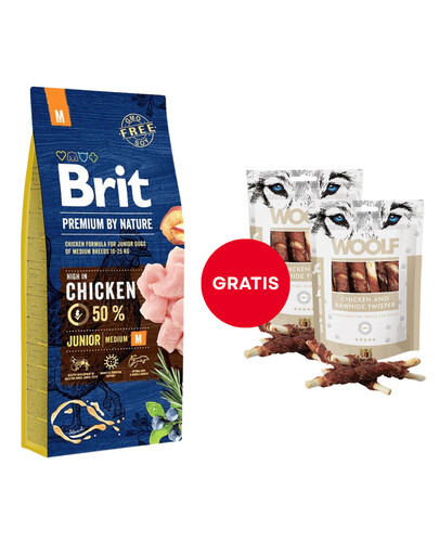 BRIT Premium By Nature Junior Medium M Chicken 15 kg + WOOLF Chicken And Rawhide Twister 2 x 100g Trockenhaut umhüllt mit Hähnchen GRATIS