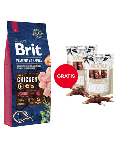 BRIT Premium By Nature Junior Large L Chicken 15 kg + WOOLF Chicken And Rawhide Twister 2 x 100g Trockenhaut umhüllt mit Hähnchen GRATIS