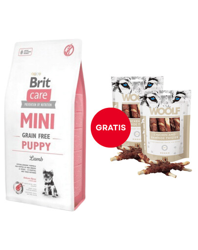 BRIT Care Mini Grain Free Mini Puppy Lamm 7 kg + WOOLF Chicken And Rawhide Twister 2 x 100g Trockenhaut umhüllt mit Hähnchen GRATIS