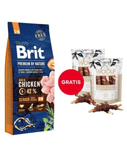 BRIT Premium By Nature Senior Small Medium S+M Chicken 15 kg + WOOLF Chicken And Rawhide Twister 2 x 100g Trockenhaut umhüllt mit Hähnchen GRATIS