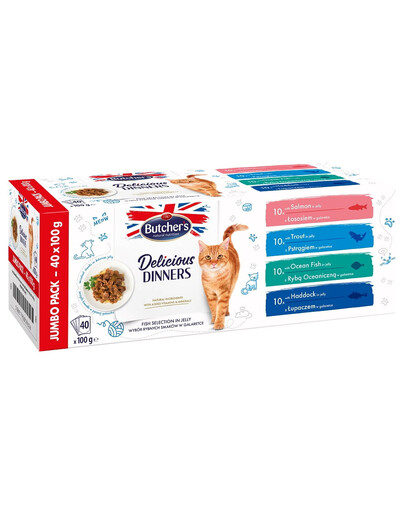 Delicious Dinners Cat Jumbo Pack Fish selection in Jelly 40x100 g kawałki w galaretce z łososiem, z pstrągiem, rybą oceaniczną i łupaczem dla kota