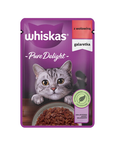 WHISKAS Adult Pure Delight Trockenfutter für ausgewachsene Katzen, Rindfleischstücken in Gelee 85 g