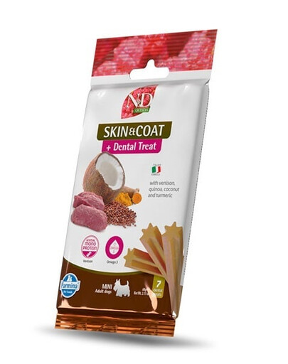 ND Quinoa Dental Treat Skin Coat Venison Mini 60 g (7 szt) przysmak dentystyczny dla psów ras małych