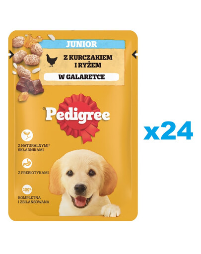 PEDIGREE Junior Beutel 24x100g:Nassfutter für Welpen mit Hühnerfleischstücken und Reis in Gelee