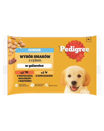 PEDIGREE Junior Mix 4x100g: Nassfutter für Welpen in Stückchen mit einer Mischung aus Rindfleisch, Leber und Reis, und mit Huhn und Reis, in Gelee