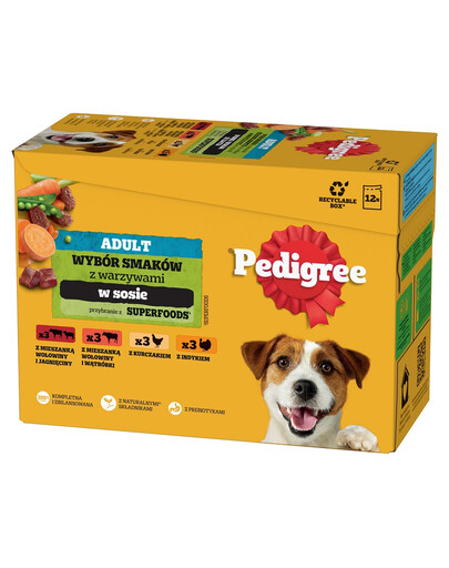 PEDIGREE Adult Mix Beutel 12x100g: Nassfutter für adulte Hunde, mit einer Mischung aus Rind und Lamm, aus Rind und Leber, mit Huhn, mit Truthahn, in Sauce