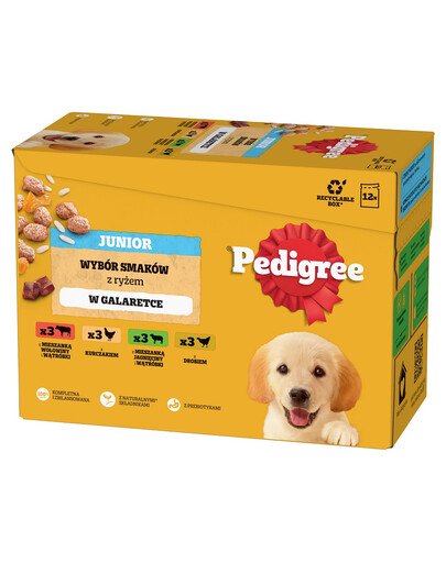 PEDIGREE Junior Mix Beutel mit Reis 12x100g: Nassfutter für Welpen mit einer Mischung aus Rindfleisch, Leber und Reis, mit Huhn und Reis, mit Lammfleisch, Leber und Reis, mit Geflügel und Reis, in Gelee