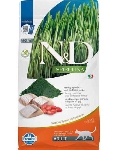 FARMINA N&D Spirulina Trockenfutter mit Hering, Spirulina, Wolfsbeere für adulte Katzen 50g