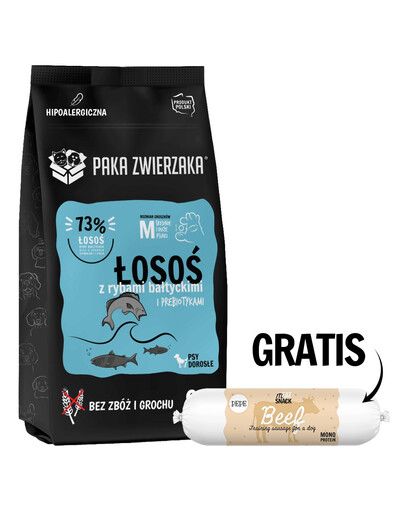 PAKA ZWIERZAKA Seventh Heaven Trockenfutter Lachs mit Ostseefischen für adulte M Hunde getreidefrei 9 kg + Rindfleischwurst 200g GRATIS