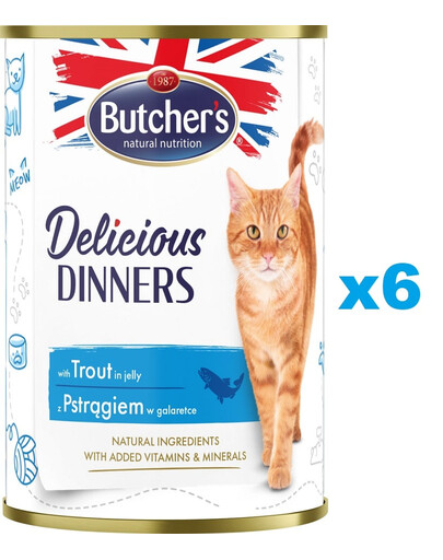 BUTCHER'S Delicious Dinners, karma dla kota, kawałki z pstrągiem w galaretce, 400g x 6