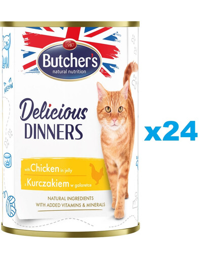 BUTCHER'S Delicious Dinners, karma dla kota, kawałki z kurczakiem w galaretce 24 x 400g