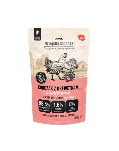 WIEJSKA ZAGRODA Superfoods Nassfutter Huhn mit Garnelen und Baldrian für adulte Katzen getreidefrei 100 g