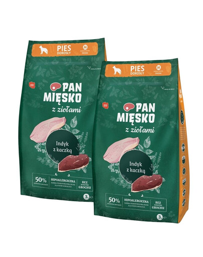 PAN MIĘSKO mit Kräutern Trockenfutter Truthahn mit Ente für adulte Hunde M hypoallergen 2x3 kg