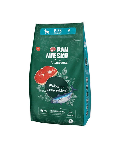 PAN MIĘSKO mit Kräutern Trockenfutter Rind mit Thunfisch für adulte Hunde S hypoallergen 2x9 kg