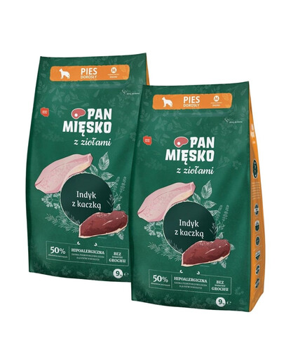 PAN MIĘSKO Trockenfutter mit Kräutern Truthahn und Ente hypoallergen für adulte Hunde M 2x9 kg