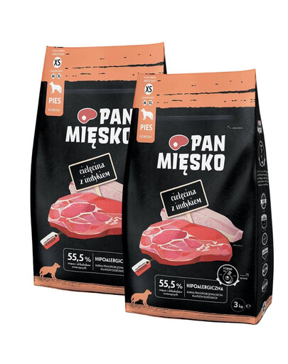 PAN MIĘSKO Trockenfutter mit Kalb und Pute für adulte Hunde XS hypoallergen 2x3 kg