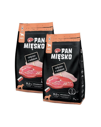 PAN MIĘSKO Trockenfutter mit Kalb und Pute für adulte Hunde XS hypoallergen 2x9 kg