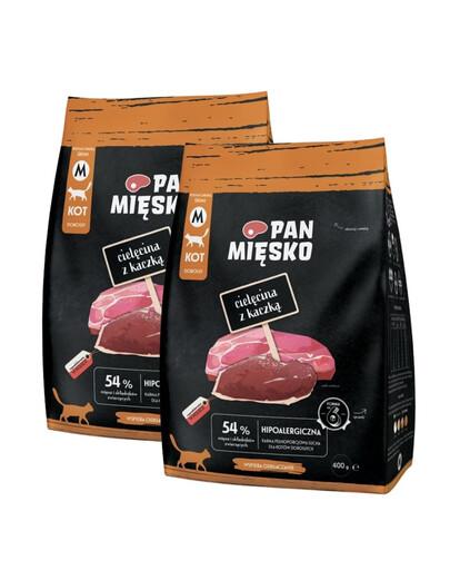PAN MIĘSKO Trockenfutter mit Kalb und Ente für adulte Katzen M hypoallergen 2x400 g