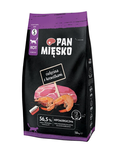 PAN MIĘSKO Trockenfutter mit Kalb und Garnelen für adulte Katzen S hypoallergen 1,6 kg