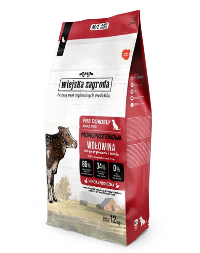 WIEJSKA ZAGRODA Trockenfutter mit Rind Monoprotein für adulte Hunde M/L getreidefrei 12 kg