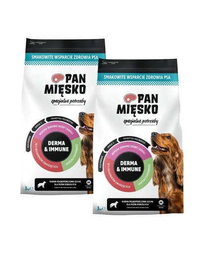 PAN MIĘSKO Derma und Immune Trockenfutter mit Schweinefleisch und Fisch für adulte Hunde M 2x3 kg