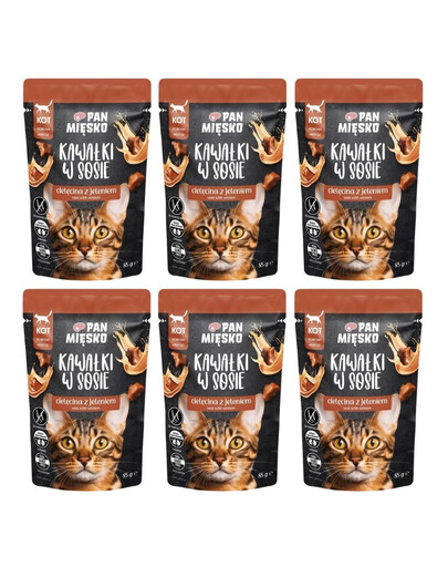 PAN MIĘSKO Nassfutter mit Kalb und Hirsch in Soße für adulte Katzen getreidefrei 6x85 g