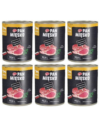 PAN MIĘSKO Nassfutter Schweinefleisch mit Lamm für adulte Hunde 6x800 g
