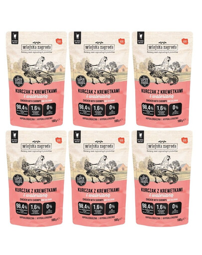 WIEJSKA ZAGRODA Superfoods Nassfutter Huhn mit Garnelen und Baldrian für adulte Katzen getreidefrei 6x100 g