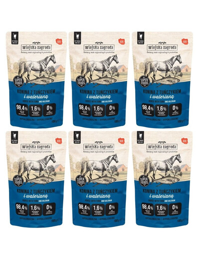 WIEJSKA ZAGRODA Superfoods Nassfutter Pferdefleisch mit Thunfisch und Baldrian für adulte Katzen getreidefrei 6x100 g