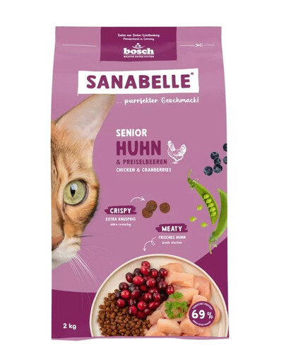SANABELLE Trockenfutter mit Huhn und Preiselbeeren für Senior ältere Katzen 2 kg