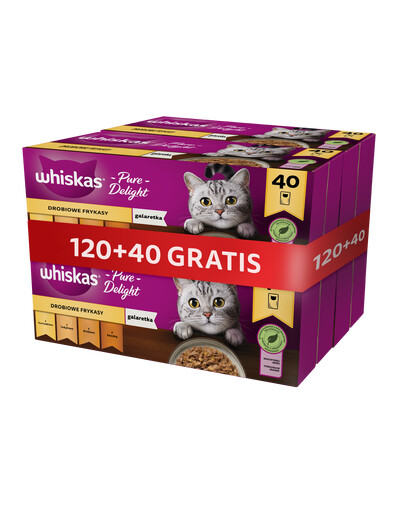 WHISKAS Adult 120x85g Nassfutter für Katzen mit Geflügelgeschmack in Gelee (mit Huhn, Ente, Geflügel, Pute) + 40 Beutel GRATIS