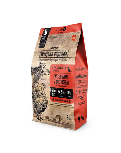 WIEJSKA ZAGRODA Trockenfutter mit Rind und Pute für adulte Hunde Größe L, getreidefrei 2 kg