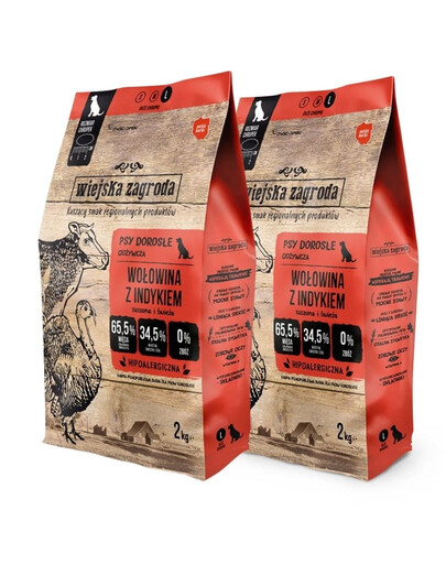 WIEJSKA ZAGRODA Trockenfutter mit Rind und Pute für adulte Hunde Größe L, getreidefrei 2x2 kg