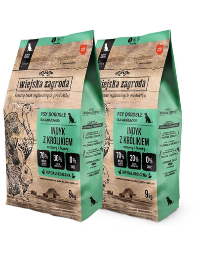 WIEJSKA ZAGRODA Trockenfutter Pute mit Kaninchen für adulte S Hunde getreidefrei 2x9 kg