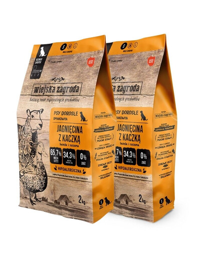 WIEJSKA ZAGRODA Trockenfutter mit Lamm und Ente für adulte kleine Hunde getreidefrei 2x2 kg