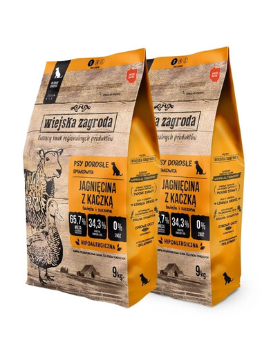 WIEJSKA ZAGRODA Trockenfutter mit Lamm und Ente für adulte kleine Hunde getreidefrei 2x9 kg