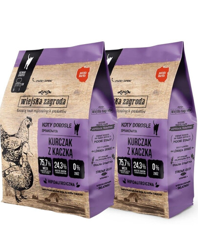 WIEJSKA ZAGRODA Trockenfutter mit Huhn und Ente für adulte Katzen getreidefrei 2x400 g