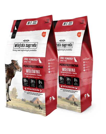 WIEJSKA ZAGRODA Trockenfutter mit Rind Monoprotein für adulte M/L Hunde 2x6 kg