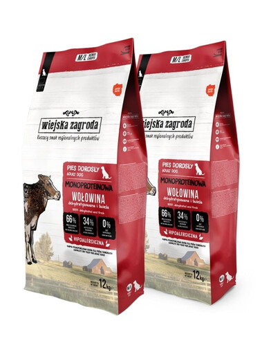 WIEJSKA ZAGRODA Trockenfutter mit Rind Monoprotein für adulte Hunde M/L getreidefrei 2x12 kg