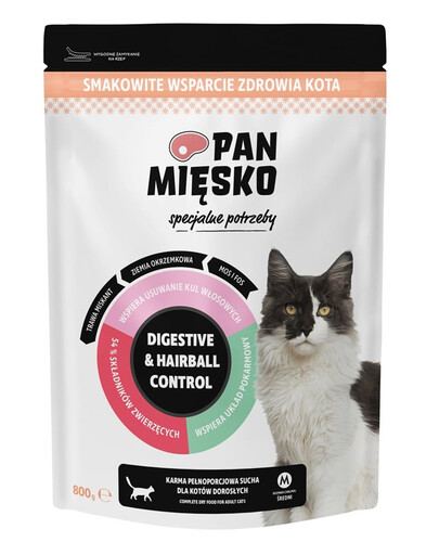 PAN MIĘSKO Trockenfutter Digestive & Hairball Control Truthahn mit Lachs für Katzen 800 g