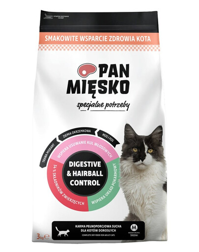 PAN MIĘSKO Digestive & Hairball Control Trockenfutter Truthahn mit Lachs für adulte Katzen 3 kg