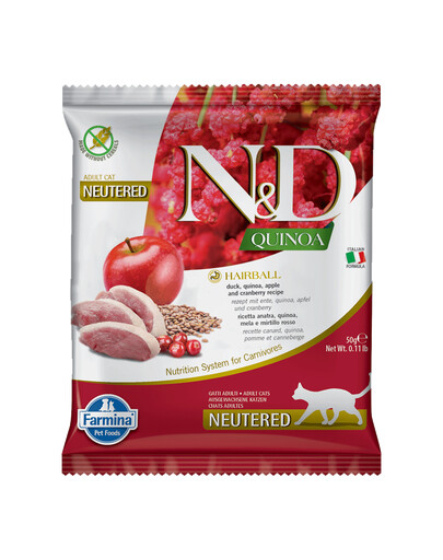 FARMINA N&D Quinoa Hairball Trockenfutter mit Ente, Quinoa, Apfel und Cranberry zur Reduzierung von Haarballen 50 g