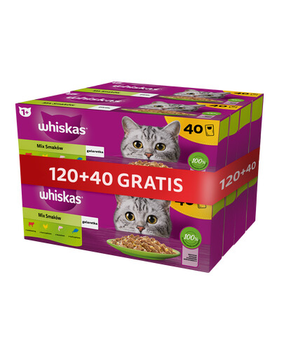WHISKAS Adult 120x85g Nassfutter für Katzen in Gelee mit Fisch Geschmacks (mit Huhn, Lachs, Rind, Thunfisch) + 40 Beutel GRATIS
