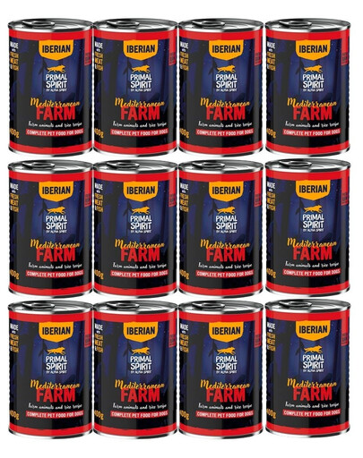 PRIMAL SPIRIT Iberian Mediterranean Farm Nassfutter mit Huhn und Schweinefleisch für adulte Hunde 12x400 g